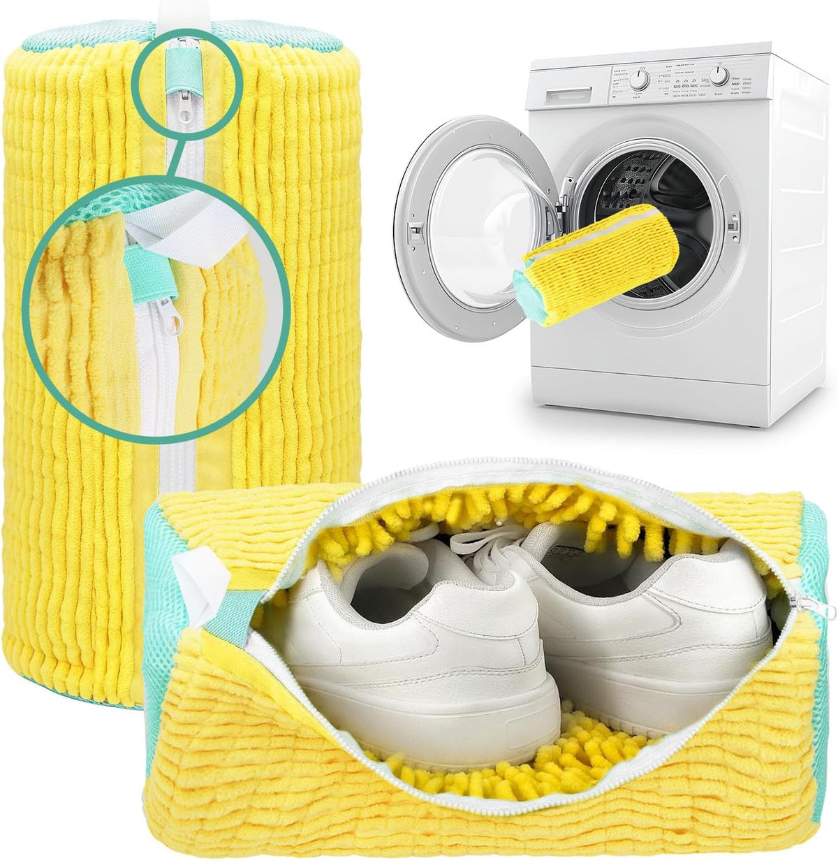 Shoe Washing Machine Bag - 2Pcs - Laundry Shoe Bag for Washer and Dryer - 2Pc Reusable  Sneaker Cleaning Sack for All Type of Tennis - Reinforced Zipper, 360° Deep Cleaning (Yellow)